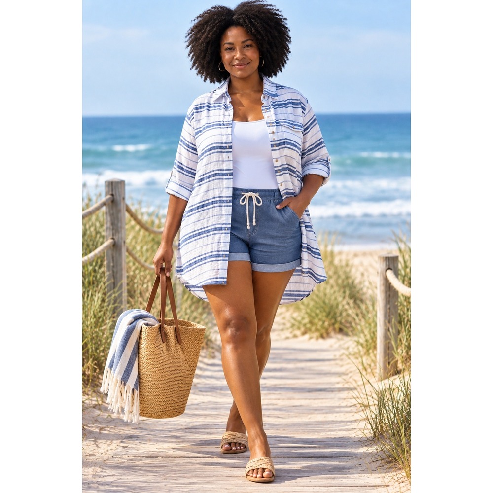 Dotti Button Down Shirt Women Plus 3X White Blue Striped Coastal Beach Cover